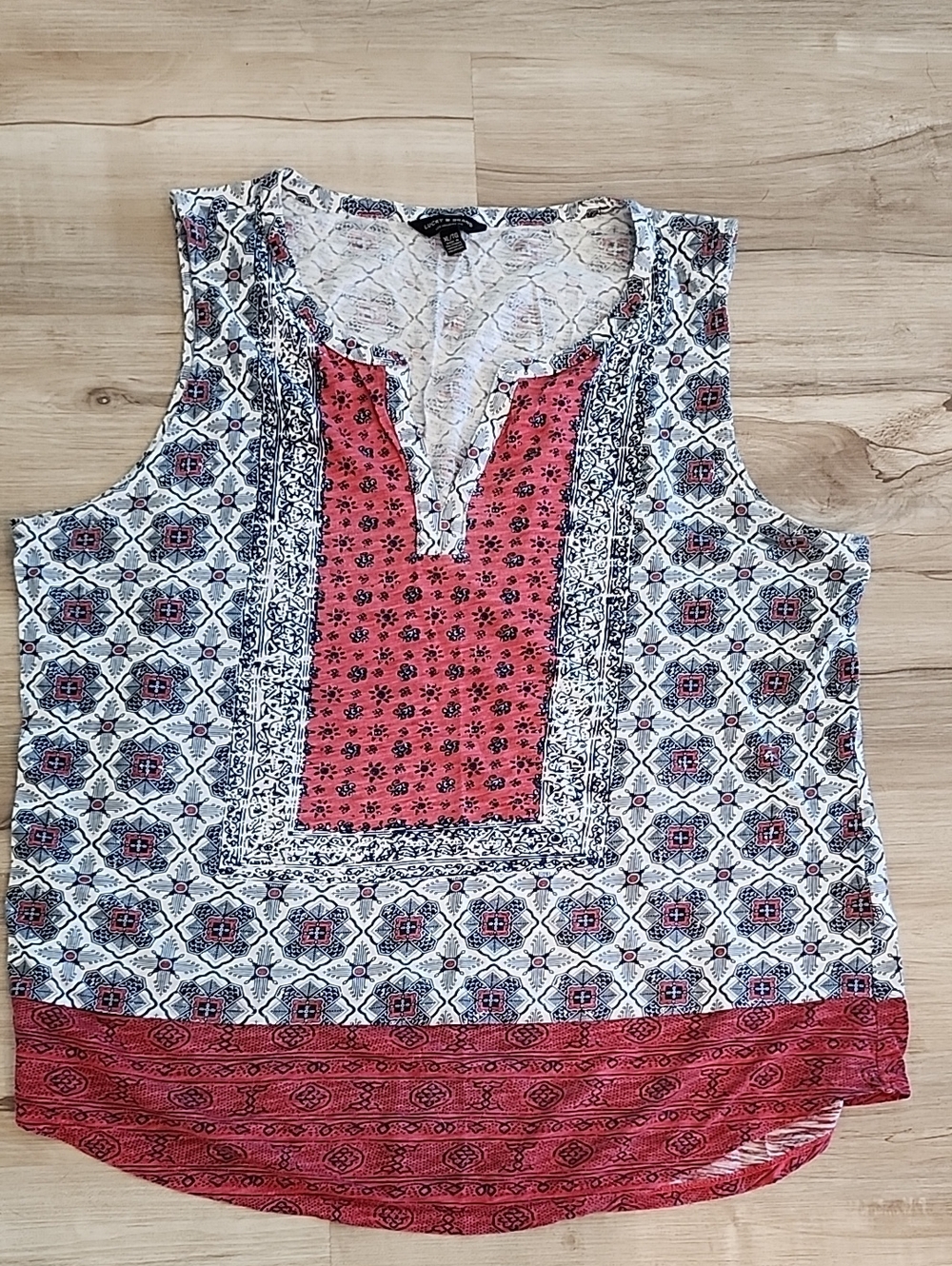 Lucky Brand XL Sleeveless Boho Print Tank Top in Red, Blue and White
